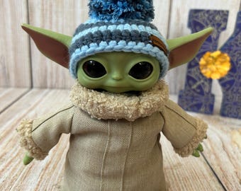 Gestreifte Häkelmütze für die kleine Baby-Yoda-Puppe (16,8 cm)