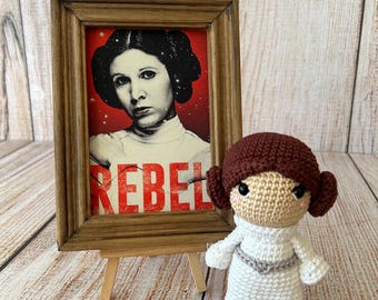Leia Princess Crochet Doll - Handmade Amigurumi Inspired by Leia Organa with Optional Rebel Mini Art Print.