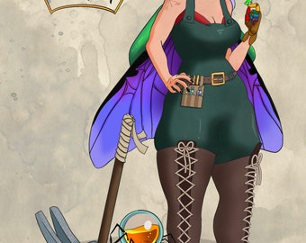 May include: A fantasy illustration of a fairy with purple wings, wearing a green jumpsuit and brown boots. She is holding a small vial with a green liquid. The fairy is standing next to a large hammer with a spider on top. The image has the text "Bumble & Chetney" at the top.
