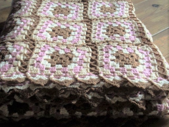 Vintage Linens, Brown, Pink and Cream Crochet Gran