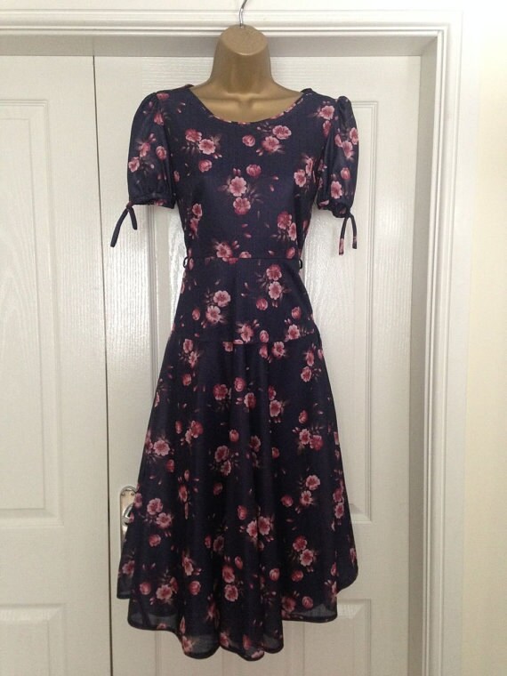 navy and pink floral tea dress