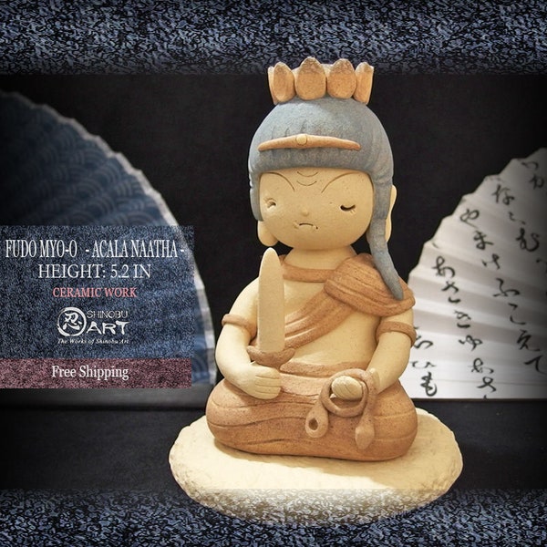 Ceramic Wabi-Sabi Fudo Myo-O (Height:5.2in), Acala Naatha, Zen Spirit Kawaii Buddha Statue, Hand-built Ceramic Art