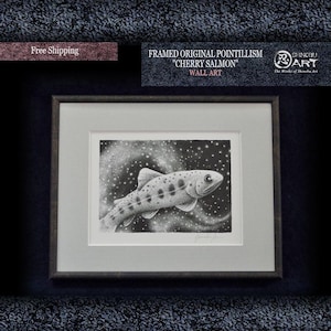 Ingelijste handgetekende pointillistische schilderij "Cherry Salmon", originele pentekening, vliegviskunst, wandkunst, gratis verzending