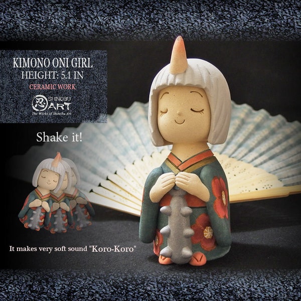 Ceramic Kimono Meditating Oni Girl (Height:5.1in), Yokai Demons, Wabi-Sabi Finish, Ceramic Figural Bell, Hand-built Ceramic Art