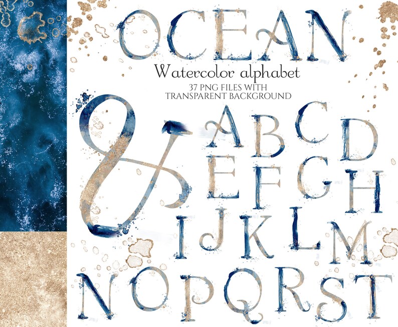 Abstract ocean letters Watercolor alphabet clipart with blue | Etsy