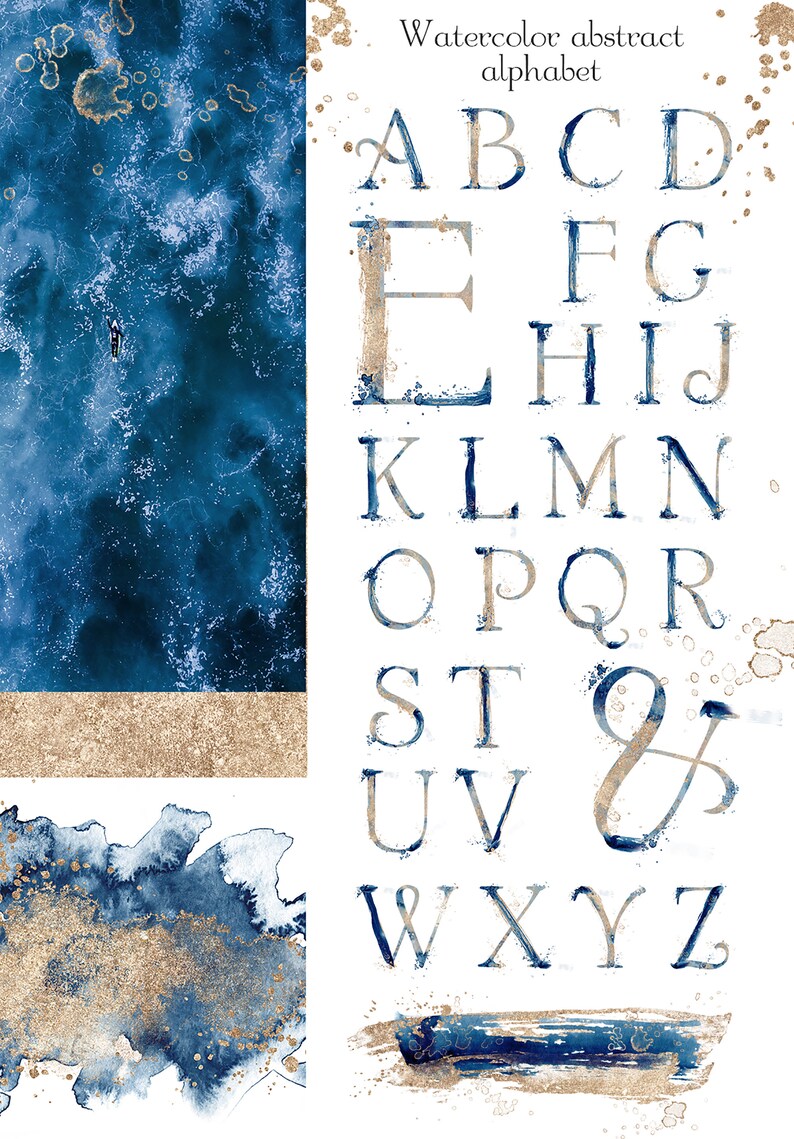 Abstract ocean letters Watercolor alphabet clipart with blue | Etsy