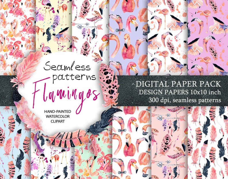 Digital paper Seamless pattern Flamingo clipart watercolor clipart Summer tropical clipart Flamingo digital paper Pink paper pack Boho paper