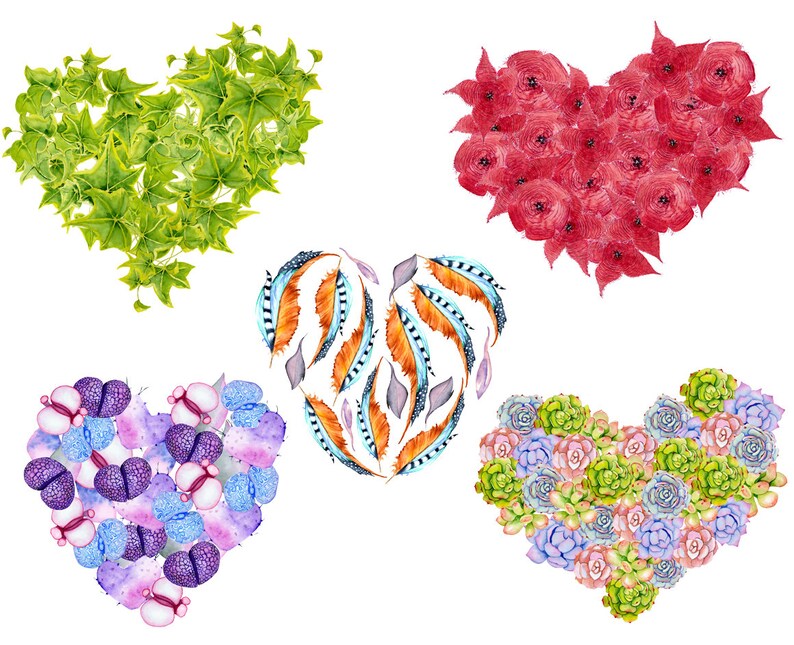 Download Watercolor Heart Succulent cactus and Flower Floral Clip ...