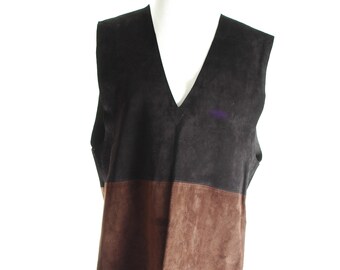 Vintage 90s Leather Dress Maxi Suede Black Brown V Neck Large XL Hippy Boho Colorblock 1990s Vintage Suede Pinafore Retro Shift Patchwork