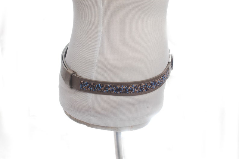 Vintage Handmade Beaded Leather Belt Boho Hippy Gray Blue Clasp Front Belt Chicos