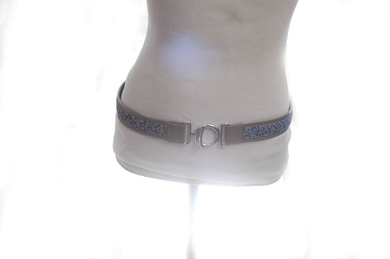 Vintage Handmade Beaded Leather Belt Boho Hippy Gray Blue Clasp Front Belt Chicos