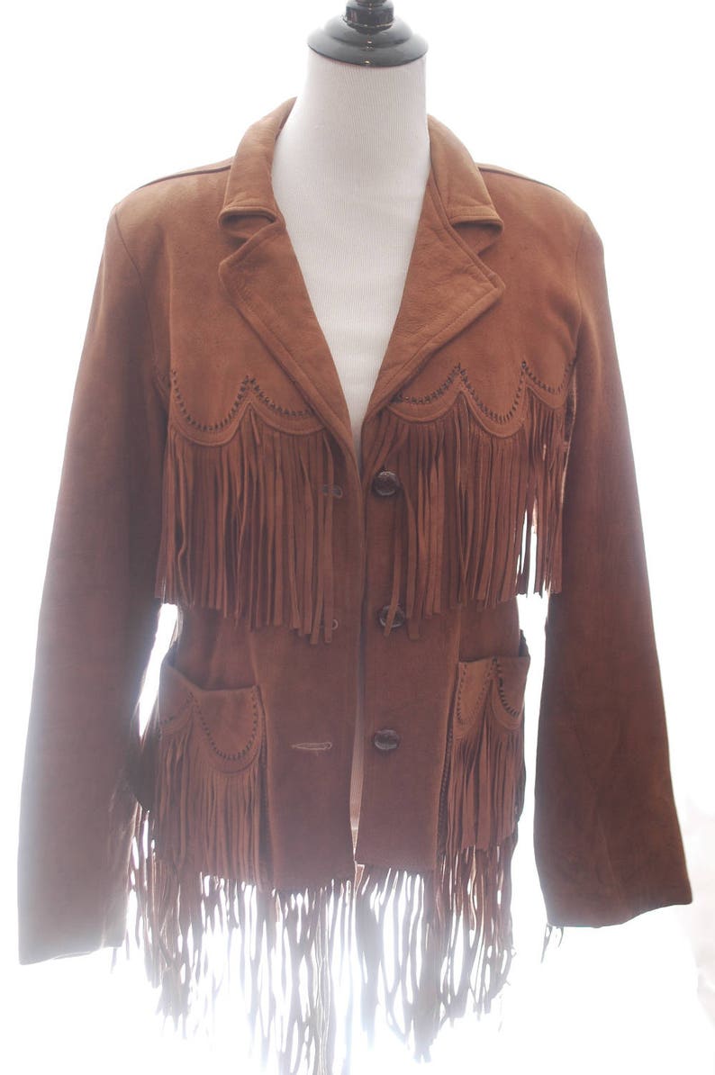 Vintage 70s Fringe Leather Jacket Coat Festival Suede Pioneer Wear Brown Tan Southwestern Boho