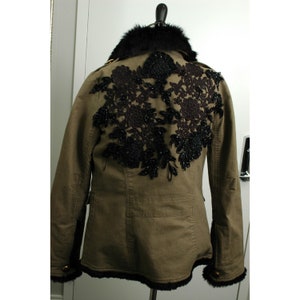 Vintage 1990s Upcycled Embellished Military Army Jacket Black Rabbit Fur Lining Size Small S Green Olive Gold Buttons