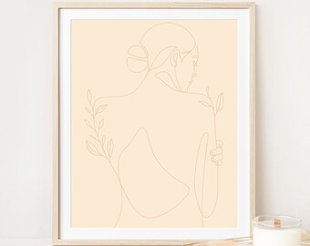 Reflective Woman Line Art Beige Boho Woman Art Print Minimalist Soft Feminine Wall Art Abstract Prints Home Decor Digital Download