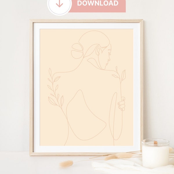 Reflective Woman Line Art Beige Boho Woman Art Print Minimalist Soft Feminine Wall Art Abstract Prints Home Decor Digital Download