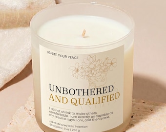 Unbothered and Qualified Candle, Corporate Era Gift, Funny Work Candle, Coworker Gift, New Job Gift, Empowerment Candle, Soy Candle Gift