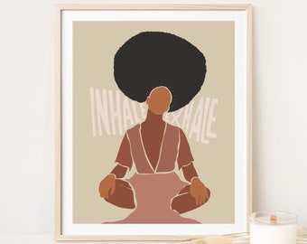 Yoga Lotus Pose Printable Art Abstract African Woman Print Inhale Exhale Poster Meditation Wall Art Digital Download Gift for Yoga Teacher