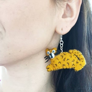 Tiger Felt Earrings 925 Silver - Cat Dangle Earrings - Funny Statement Earrings - Sevret Santa Gift For Cat Lovers