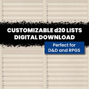 Può includere: Due liste d20 personalizzabili vuote, perfette per Dungeons and Dragons o giochi di ruolo. Ogni lista ha 20 righe numerate.