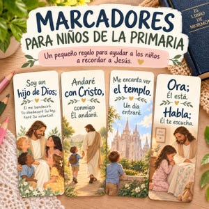 May include: Four rectangular paper bookmarks featuring religious illustrations and Spanish text. The designs include depictions of Jesus with children, a child walking with Jesus, a temple, and a child praying. Each bookmark has inspirational phrases.