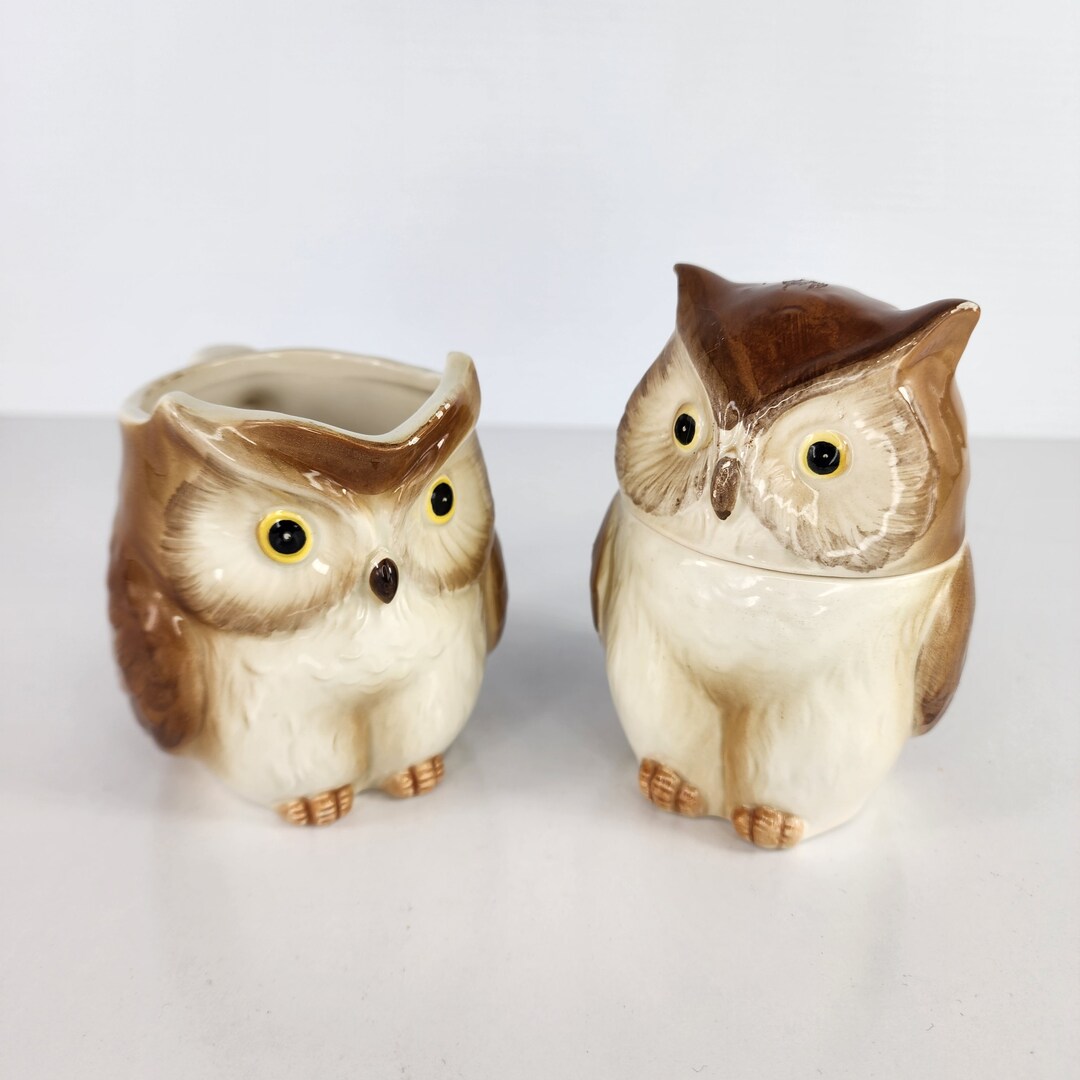 Vintage Ceramic Kitsch Owl Sugar Bowl and Creamer Milk Jug Set Etsy