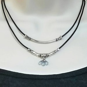 Multi strand black leather necklace, Czech glass necklace, beaded multi strand necklace, layered necklace