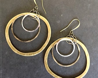 Large hoop earrings, brass and silver hoops, hammered hoop earrings, mixed metal earrings