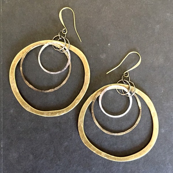 Large hoop earrings, brass and silver hoops, hammered hoop earrings, mixed metal earrings