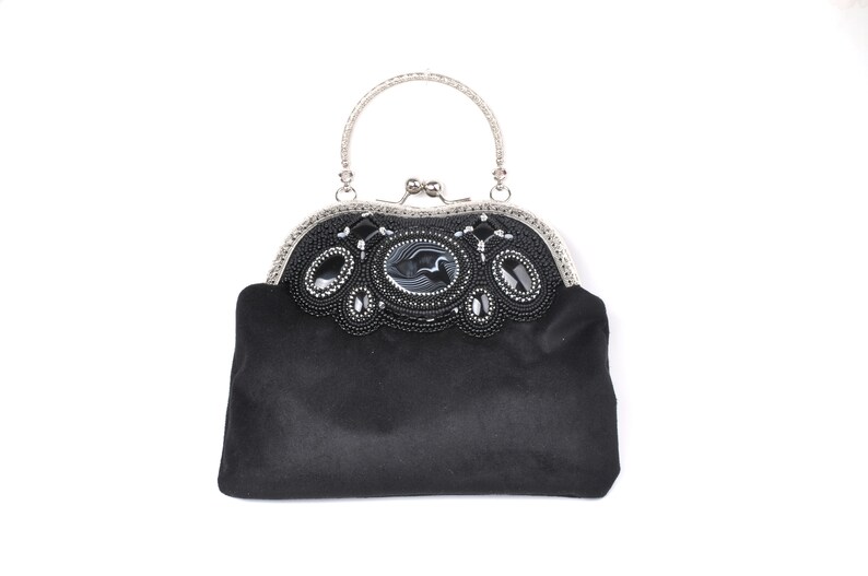 Petit CadreEtsy De Broderie Soirée Noir Sac Perle kPOX08nw