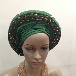 Asoke Auto Gele, African Headwrap, Nigerian Wedding Head Wrap, Handmade Ready To Wear Stoned  Asoke Head Wrap, African Royal Wrap