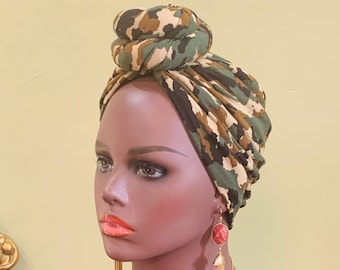 Pre-tied Turban, Camouflage Pre-tied Wraps, Pre-tied Stretch Head wrap, Chemo Cap, Alopecia Cap, Ready-to wear Boho Headwrap, Knotted Turban