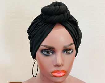 Black Pre-tied Turban, Women Pre-tied Headwraps, Pre-tied Stretch Headwrap, Chemo Cap, Alopecia Cap, Ready-to wear Headwrap, Knotted Turban