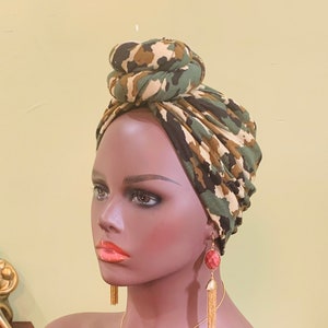 Pre-tied Turban, Camouflage Pre-tied Wraps, Pre-tied Stretch Head wrap, Chemo Cap, Alopecia Cap, Ready-to wear Boho Headwrap, Knotted Turban