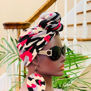 Pre-tied Turban, Camouflage Pre-tied Wraps, Pre-tied Stretch Headwrap, Chemo Cap, Alopecia Cap, Ready-to wear Boho Headwrapp, Knotted Turban