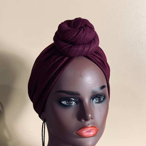 Pre-tied Turban, Women Pre-tied Headwraps, Pre-tied Stretch Headwrap, Chemo Cap, Alopecia Cap, Ready-to wear Burgundy Turban, Knotted Turban