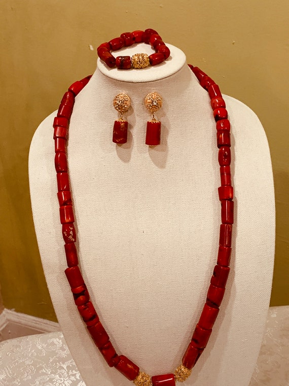 Natural Coral Bead Necklace, Mother's Day Gift, Nigerian Wedding Bead, Traditional Wedding Necklace Set, African Wedding Beads Jewelry Set