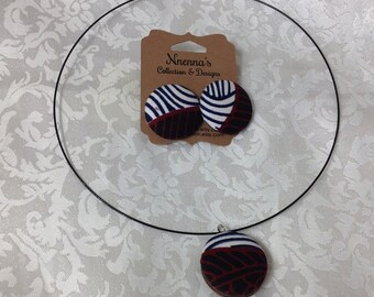 African Fabric Button Necklace and Earrings Set: Kente Print Choker