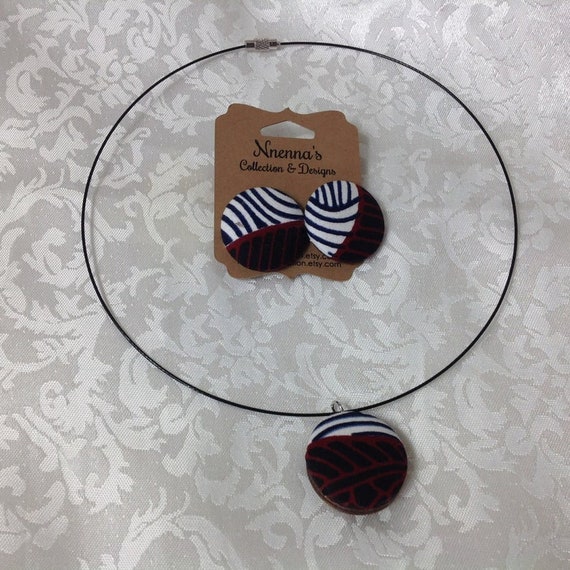 African Fabric Wire Choker Necklace, Kente Print Button Necklace, Ankara Button Necklace, Ankara Button Necklace and Earrings Set