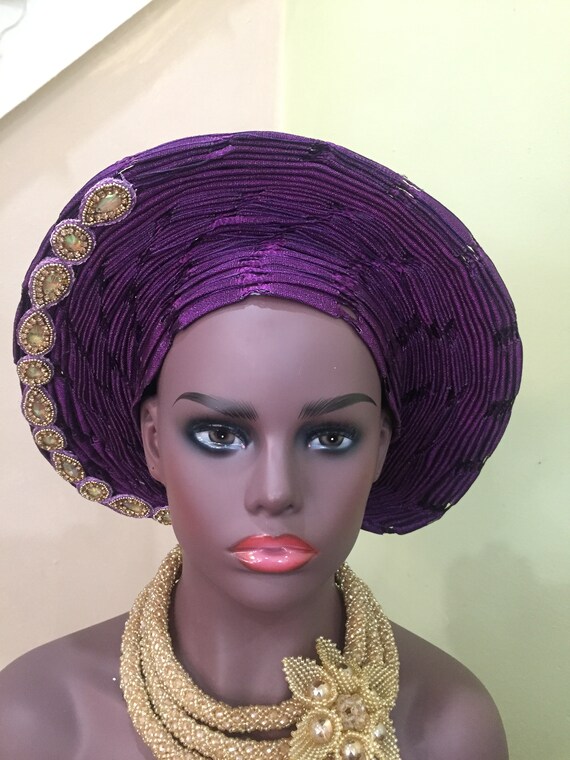 Asoke Auto Gele, African Headwrap, Nigerian African Wedding Head Wrap, Handmade Ready To Wear Stoned  Asoke Head Wrap, African Royal Wrap