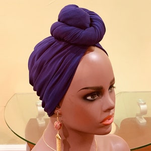 Pre-tied Turban, Women Pre-tied Headwrap, Pre-tied Stretch Headwrap, Chemo Cap, Alopecia Cap, Ready-to wear Purple Headwrap, Turban with bun