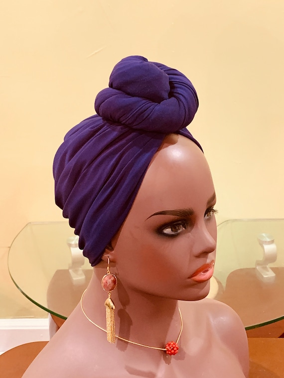 Pre-tied Turban, Women Pre-tied Headwrap, Pre-tied Stretch Headwrap, Chemo Cap, Alopecia Cap, Ready-to wear Purple Headwrap, Turban with bun