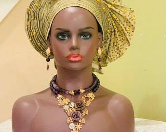 Amethyst Beaded Jewelry Set: Gold Plated, Nigerian Wedding Beads