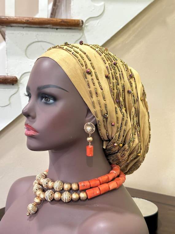 Pre-tied Beaded Turban, Turban Cap for Women, Ready to Wear Cover, African Head Wrap, Cancer Head Cover, chemo/alopecia Headwear, Mom's gift