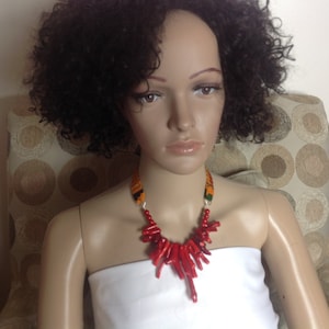 Red Coral & Ankara Fabric Necklace with Button Earrings