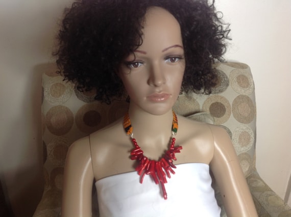 African Fabric Necklace, Red Coral Necklace, Ankara Fabric Choker Necklace, Ankara Necklace and Earrings Set, Coral Stick Gemstone Necklace
