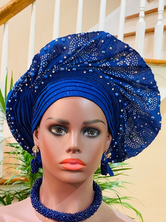 Asoke Auto Gele, African Headwrap, Nigerian Wedding Head Wrap, Handmade Ready To Wear Stoned  Asoke Head Wrap, African Royal Wrap