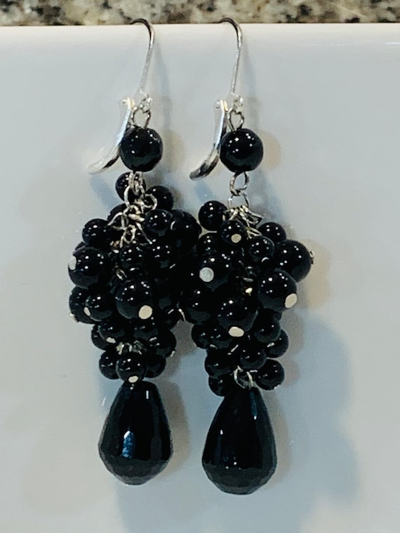 Black Onyx Beaded Earrings, Beaded Cherry Earrings, Beaded Cluster Chain Earrings, Sterling Silver Earrings, Elegant Drop Earings