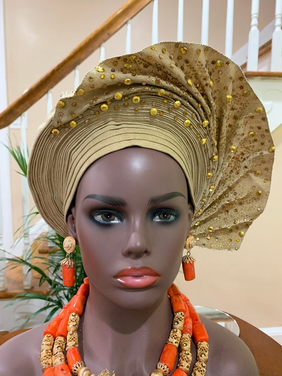 Asoke Auto Gele, African Headwrap, Nigerian Wedding Head Wrap, Handmade Ready To Wear Stoned  Asoke Head Wrap, African Royal Wrap