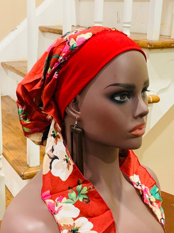 Pre-tied Scarf for Women, Pre-tied Headwraps, Pre-tied Stretch Scarf, Pre tied Chemo & Alopecia Scarf, Pre tied Red Floral Scarf, Mom's Gift