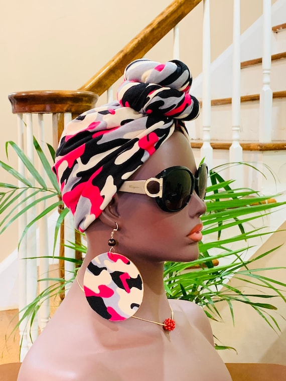 Pre-tied Turban, Camouflage Pre-tied Wraps, Pre-tied Stretch Headwrap, Chemo Cap, Alopecia Cap, Ready-to wear Boho Headwrapp, Knotted Turban